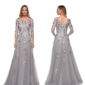 La Femme 29725 Beaded Lace Tulle A-Line Gown Maxi NWT in Silver Size 2 $635